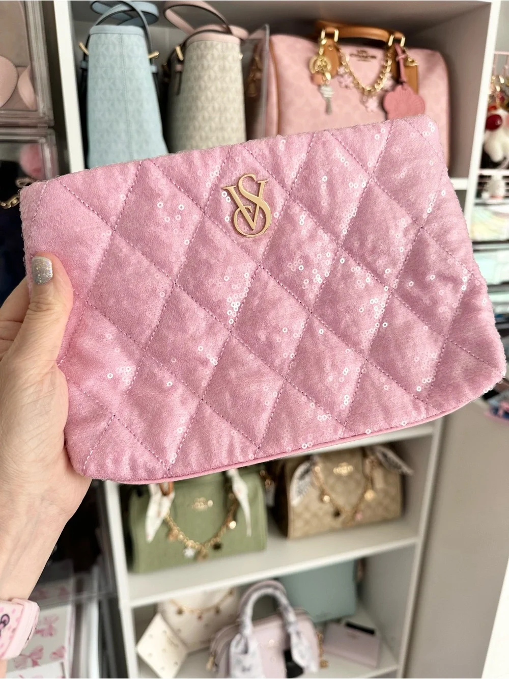 Victoria’s Secret pink quilted sequin makeup/cosmetics bag